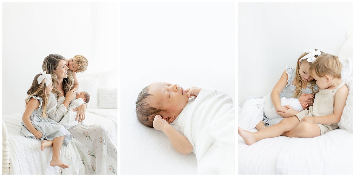 collage of newborn session mom and siblings with baby by Charlotte Portrait Photographer