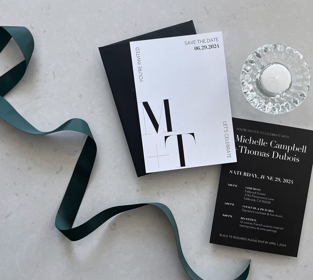 Custom monochromatic wedding invitation paper suite by Unadorned Stationery, wedding signage and stationery in Vancouver, British Columbia, featured on the Brontë Bride Vendor Guide.
