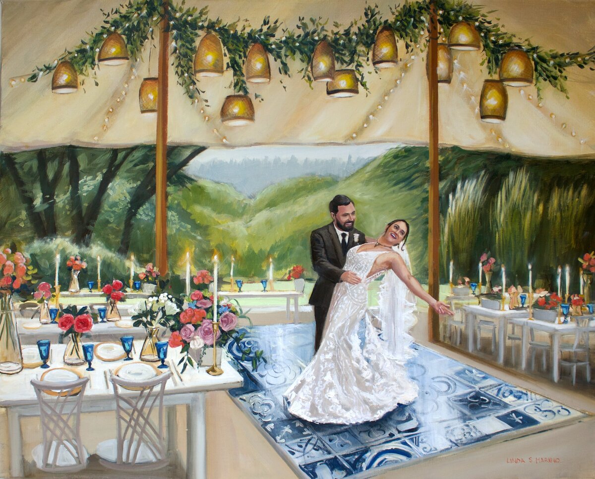 live wedding painting of bride and groom dancing first dance at deCordova Sculpture Museum, Lincoln, MA