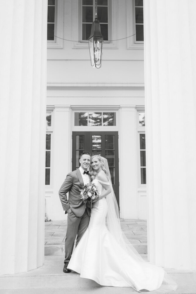 black and white portrait of bride and groom - Wadsworth Mansion wedding photographer Rachel Girouard