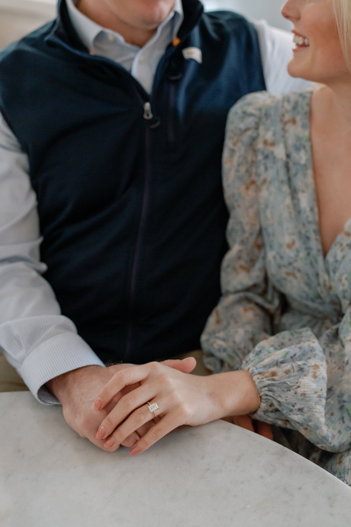 Quirk Hotel Richmond VA Engagement Photos | closeup picture of couple holding hands, showing a diamond engagement ring