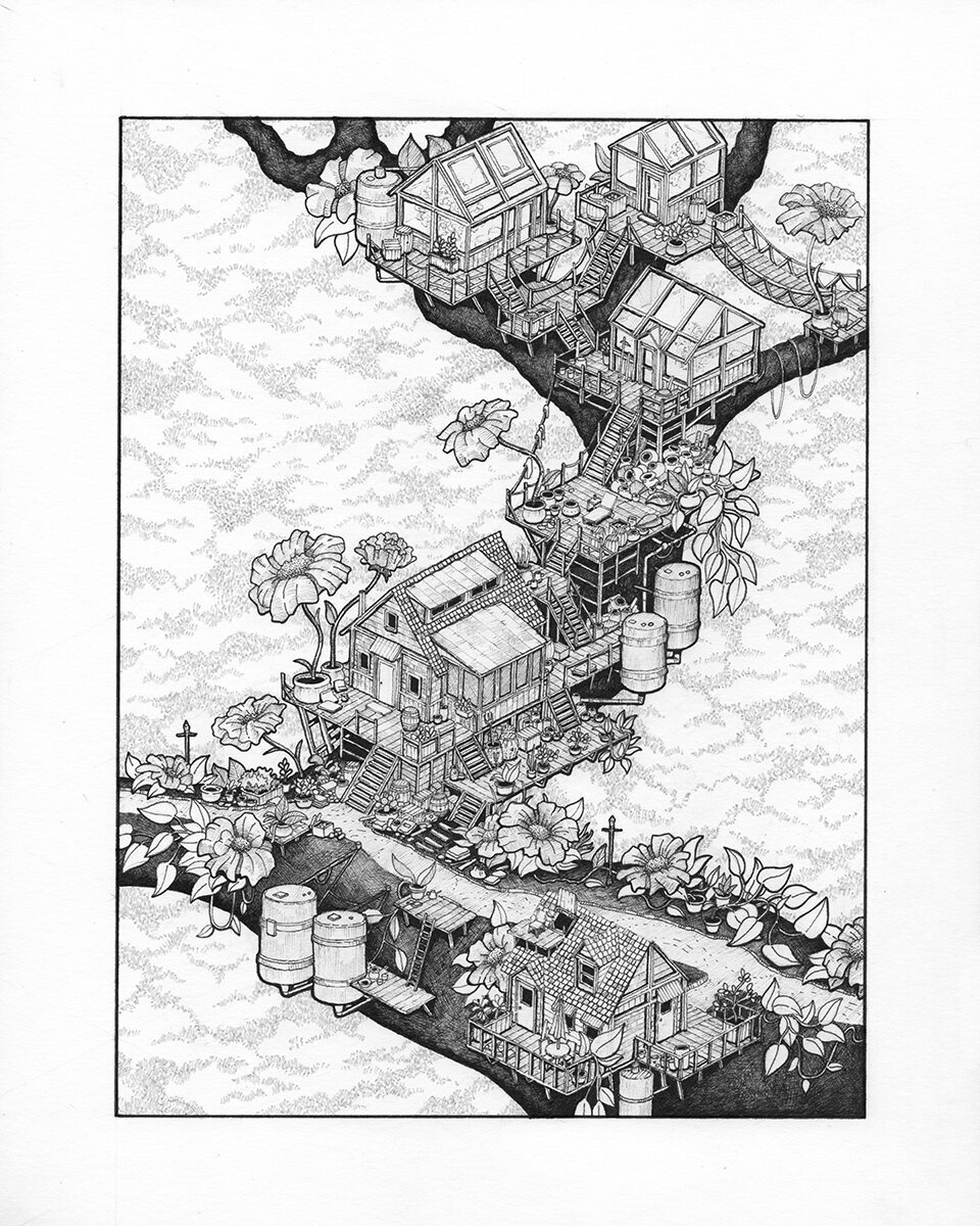 Overview of the Botonist's home on a giant treebranch. Pen and ink illustration. Whimsical.