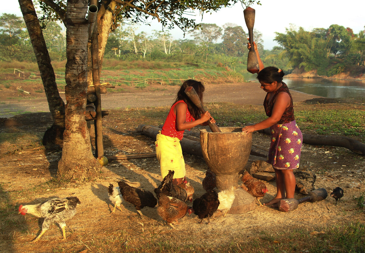 Village women pounding rice to remove the exterior hulls