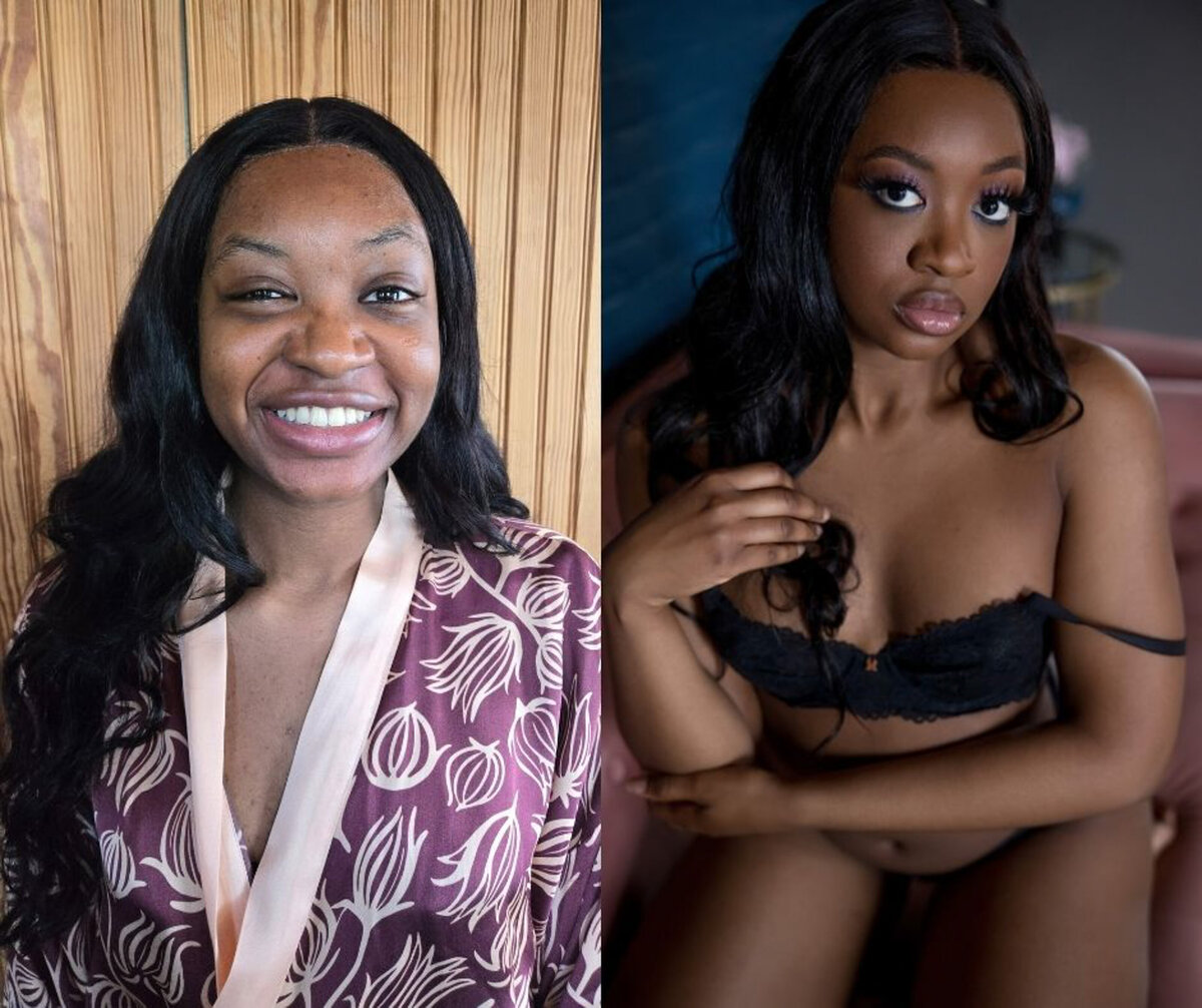 A woman sits while getting ready for a session in a robe next to her in black lingerie in the studio