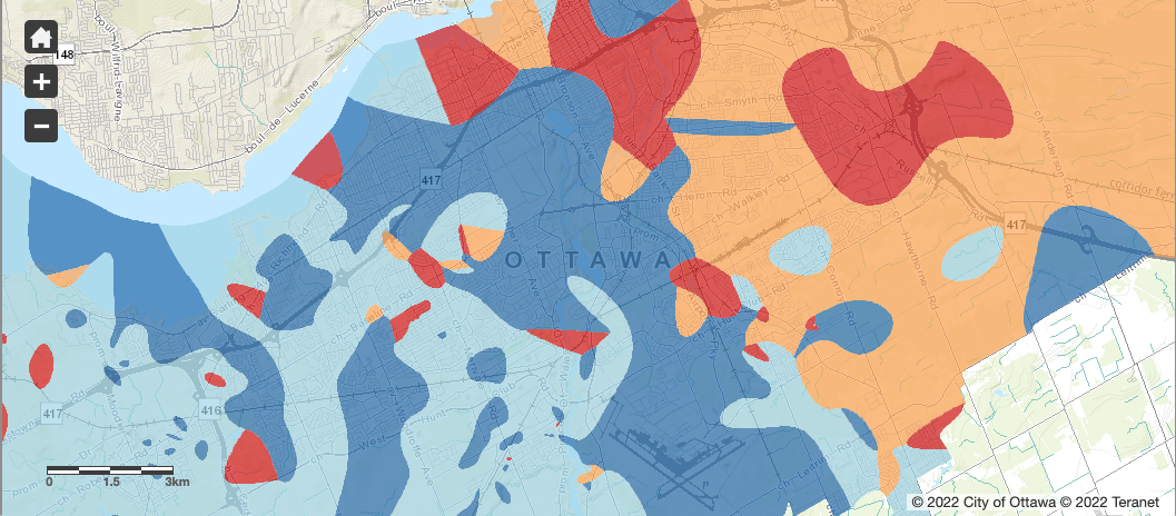 Image of a map indicating the geothermal resource potential in the Ottawa area