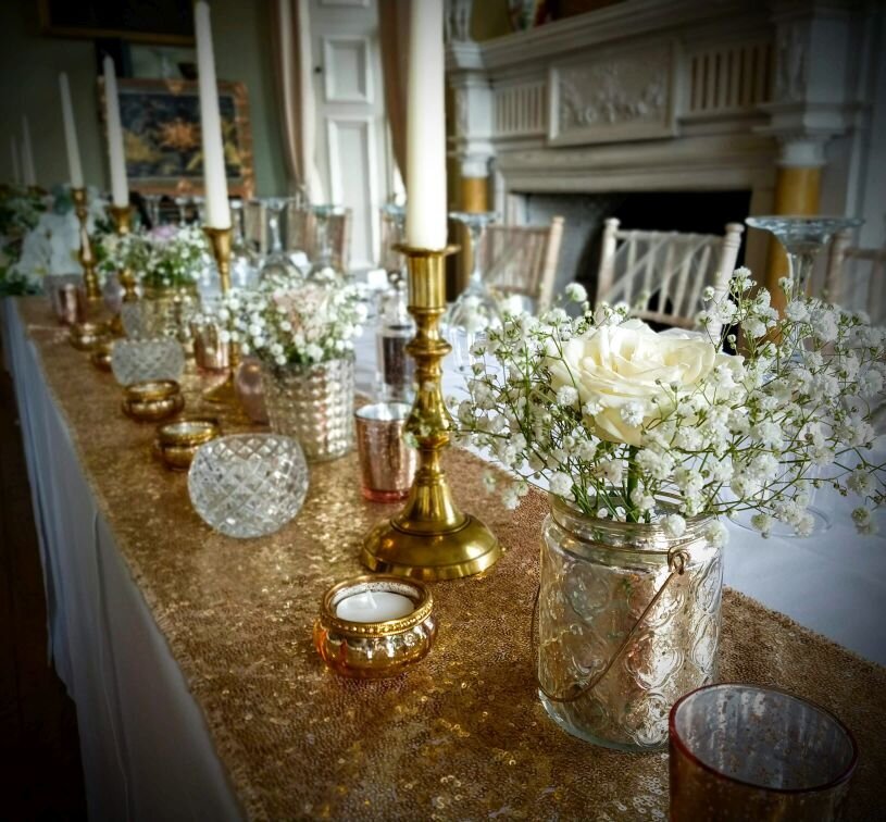 Gold candelabra sequin pearl wedding 7