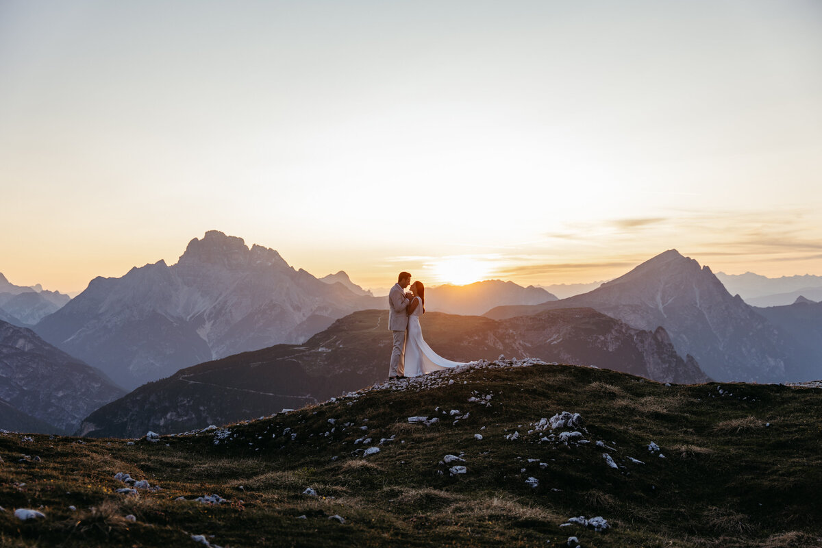 Sweet couple intimate mountain top elopement Tre Cime Dolomites
