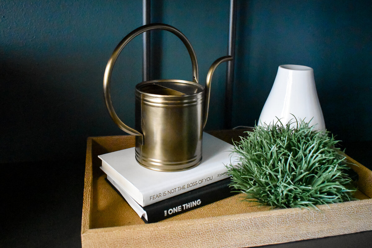 A metal watering can sits on a stack of books on a wood tray
