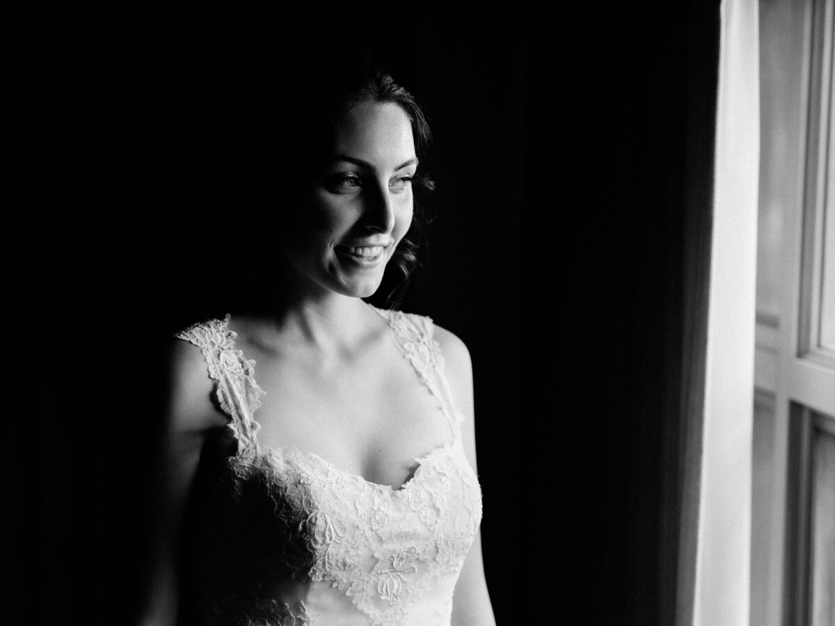 Romantic image of bride before her ceremony at UW Center for Urban Horticulture wedding in Seattle