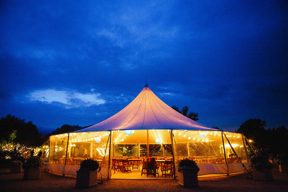 Cornerstone Gardens tent wedding at sunset.