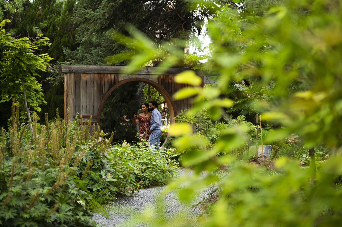 Surprise Proposal at Denver Botanical Gardens in red dress and dress clothes