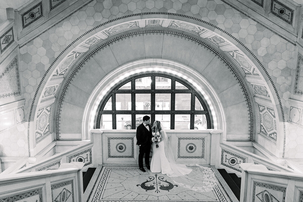bride and groom at chicago cultural center