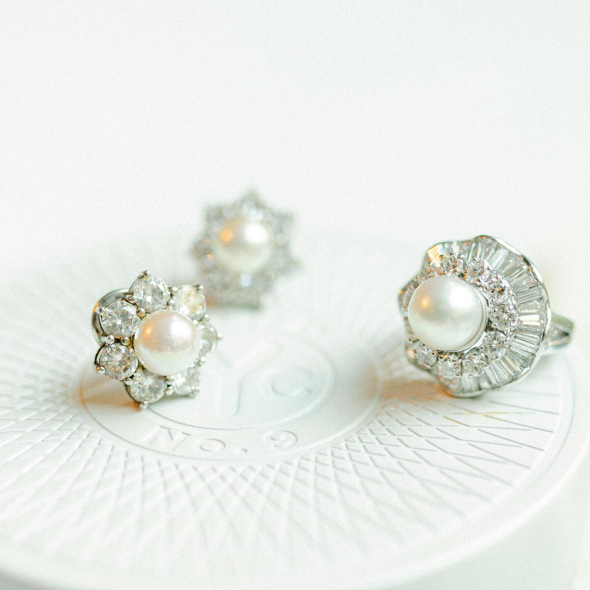 Close up detailed image of brides wedding earrings