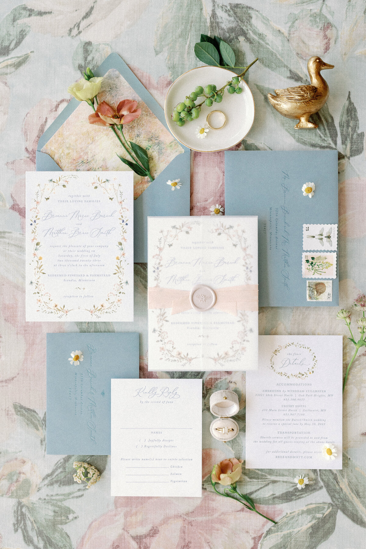 wedding stationary on water lily peony linen with wax seal and pastels
