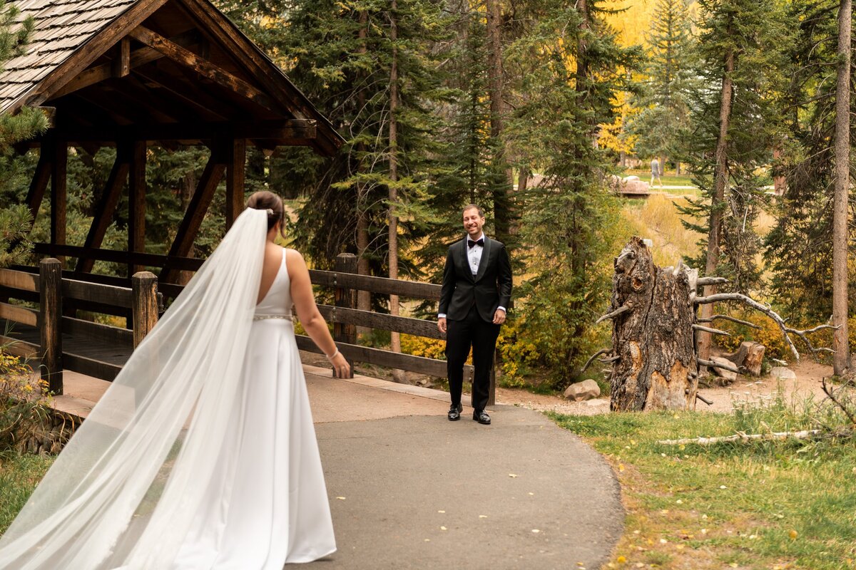 Bride and groom seeing each other for the first time on their wedding day.