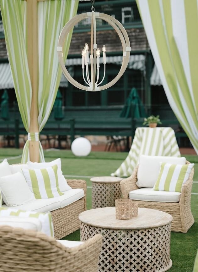 Cabana Structure, Seagrass Lounge, Sandstone Chandelier, Green and White Striped