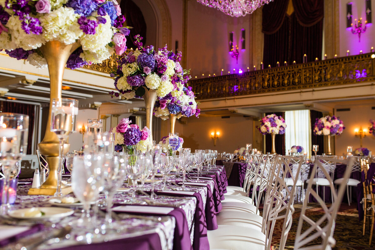 purple reception decor in the grand ballroom omni william penn