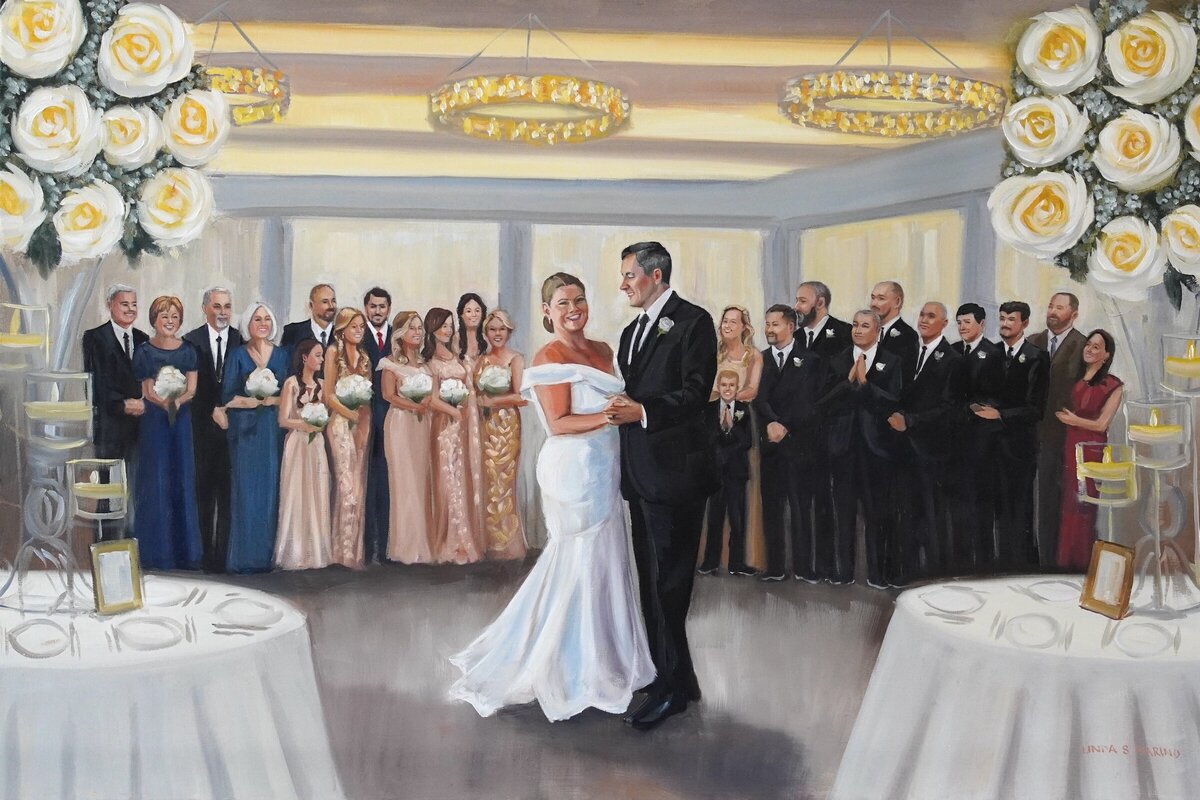 Live Wedding Painting of Bride, groom and wedding party watching their first dance at Wyndham Atlantic Resort in RI