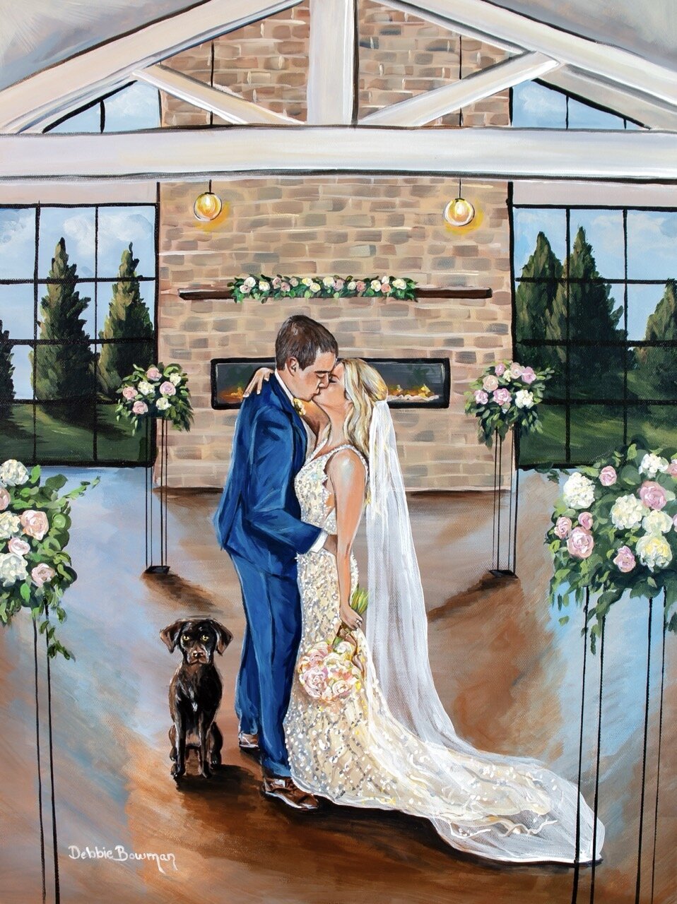 Indoor first dance live wedding painting with their dog added at The Atrium at Blue Haven in Sioux Falls