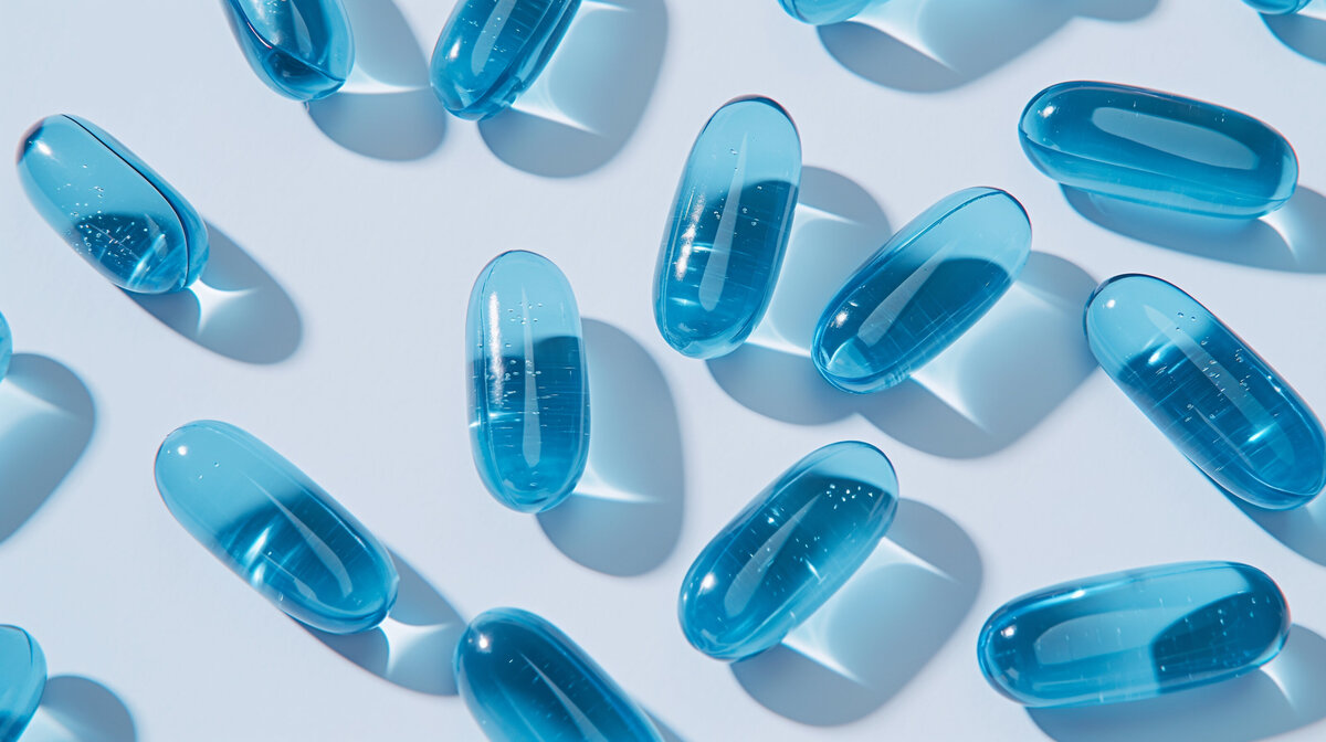 Transparent blue capsules scattered on a light surface, casting soft shadows.