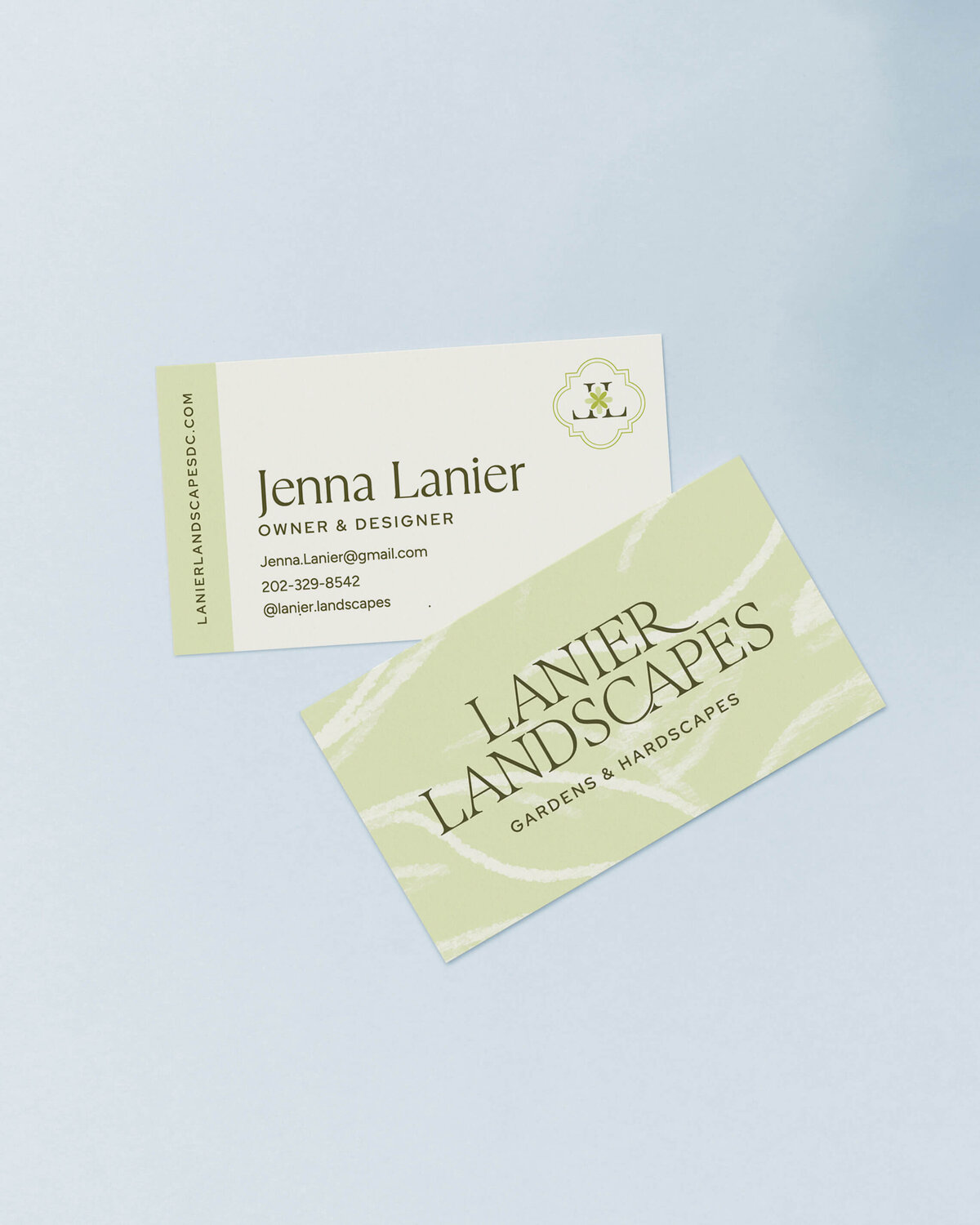 Custom brand identity for landscape designer featuring soft sage tones, elegant typography, and a professional business card layout.