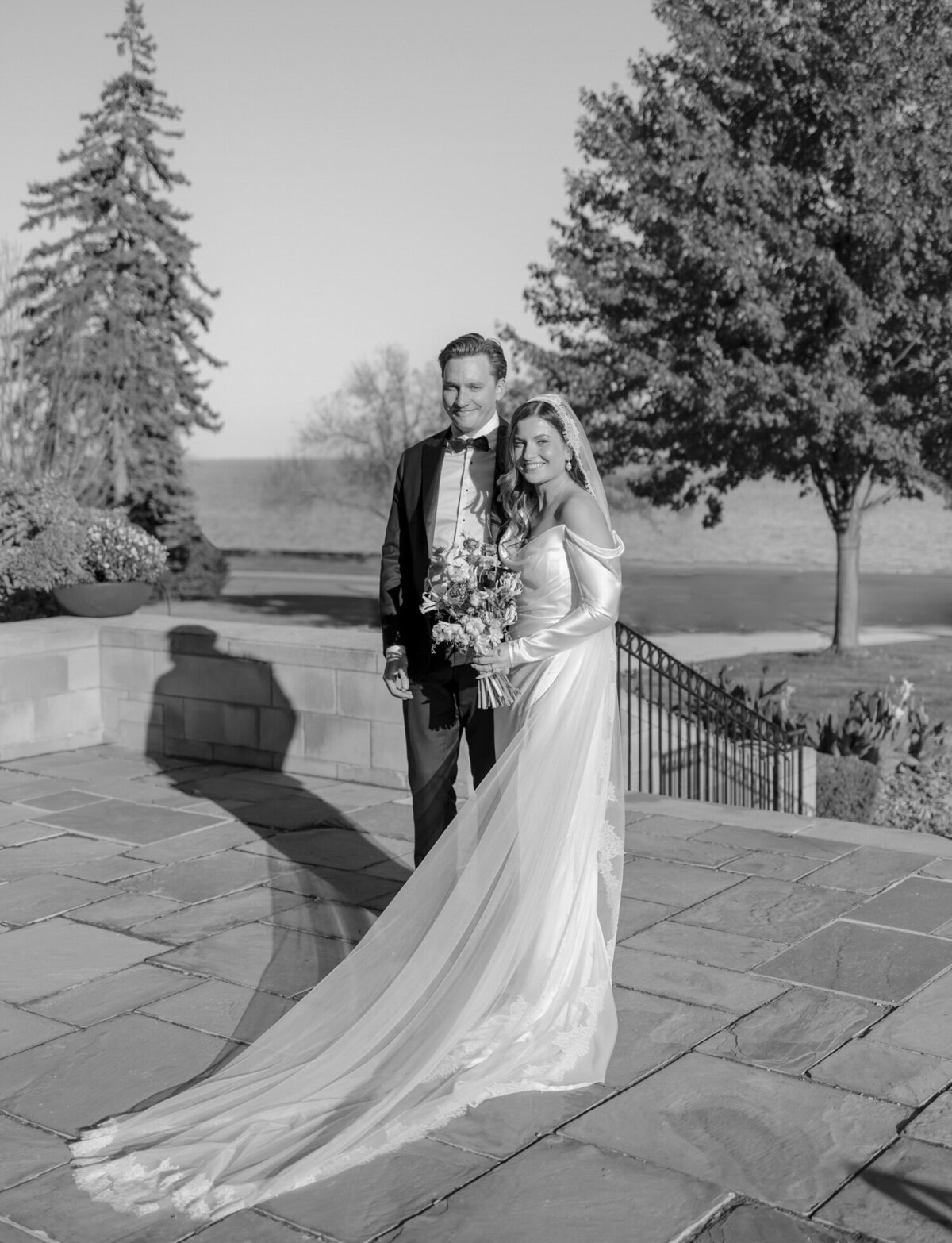 newlywed couple after their fall wedding at St. Paul on the Lake, Grosse Pointe