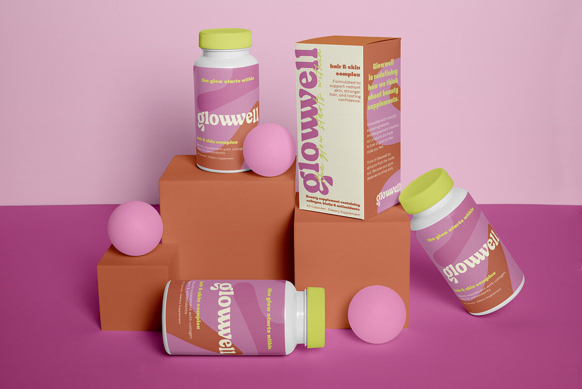 Premium supplement packaging for Glowwell skin and hair health vitamins — luxury wellness branding concept for beauty CPG brands.