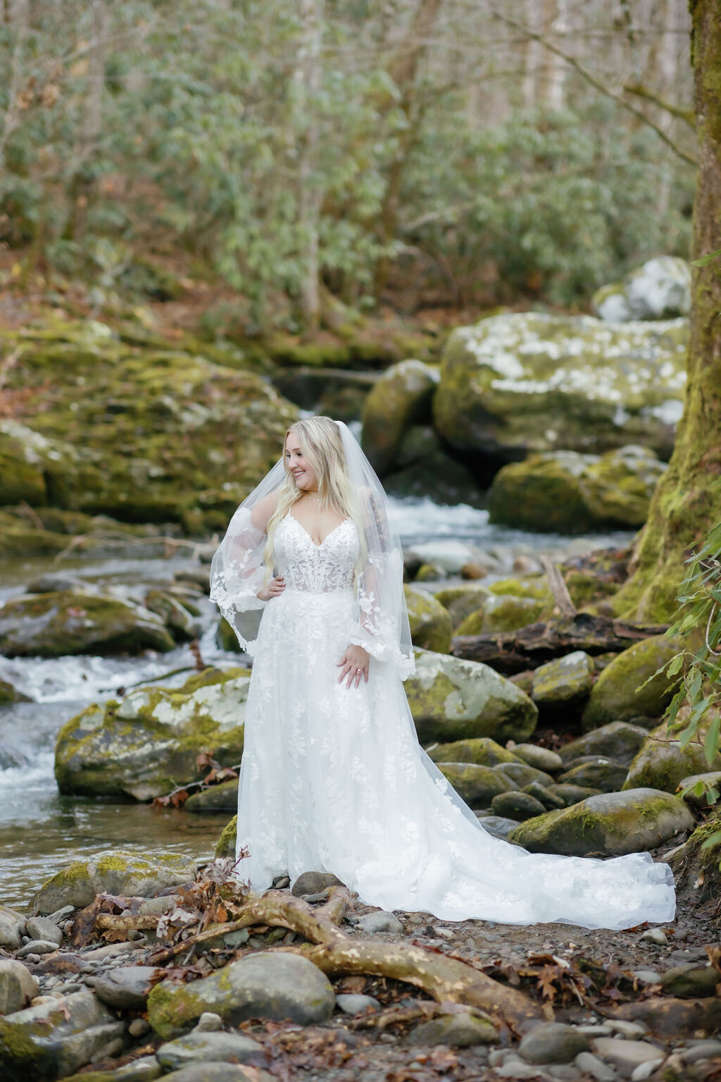 bridal portrait in the woods with bride standing in a river bed