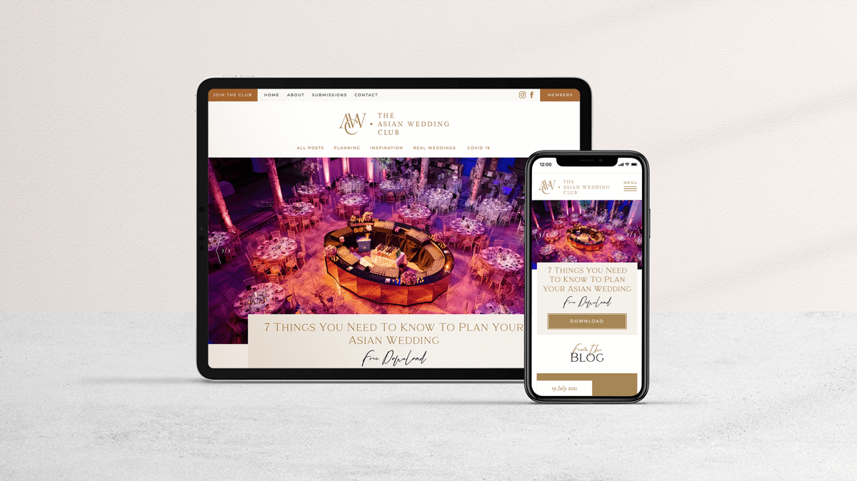 The Asian Wedding Club website displayed on a mobile and an iPad