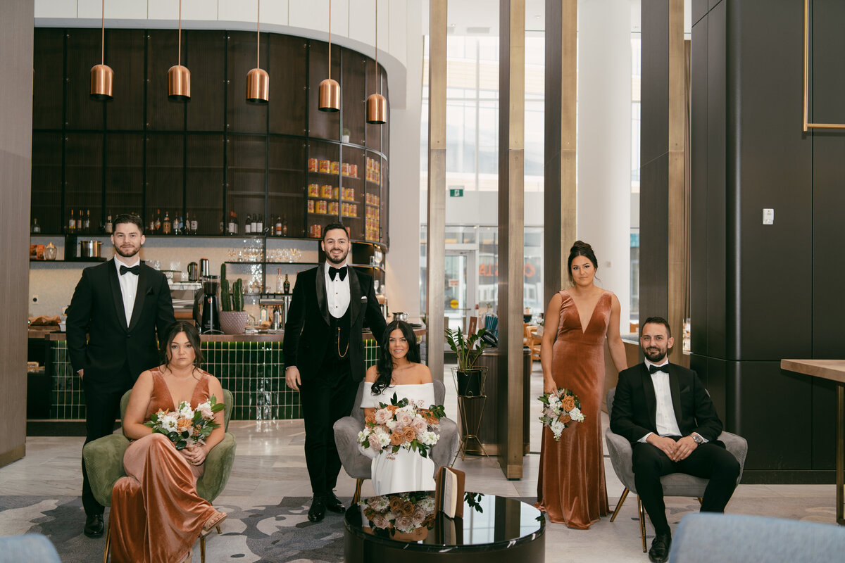 Champagne Tower Photo on Wedding Day in Kelowna BC.  The full wedding party