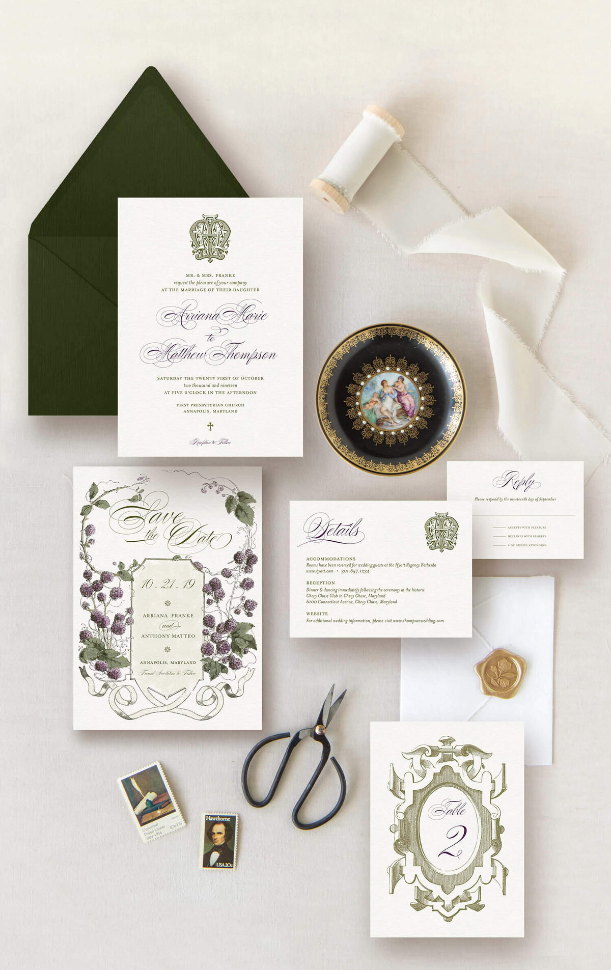 wedding invitation suite with dark green and purple detailing