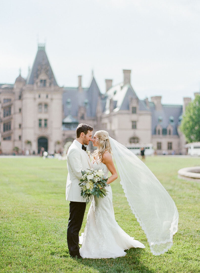 Bride and Groom on Front Lawn of Biltmore Estate Photo