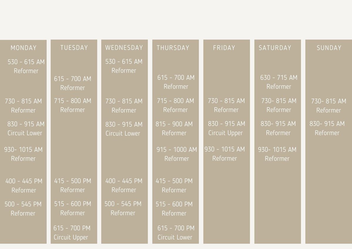Reformer pilates class timetable