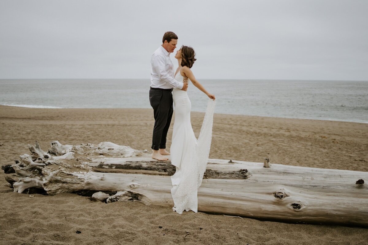 California beach elopement couple standing on drift wood