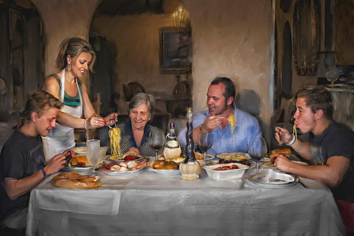 restaurant owner and his family eating dinner