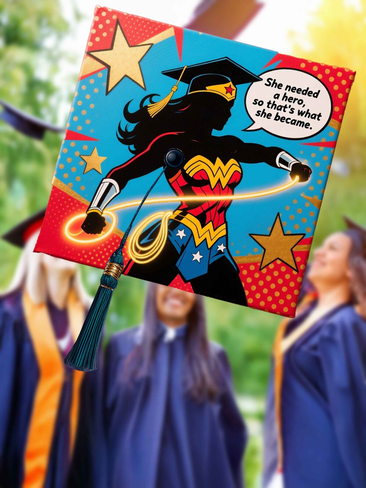 A branded photography shot of custom painted graduation cap with a Wonder Woman wearing a graduation cap and the quote "She needed a hero, so that's what she became."