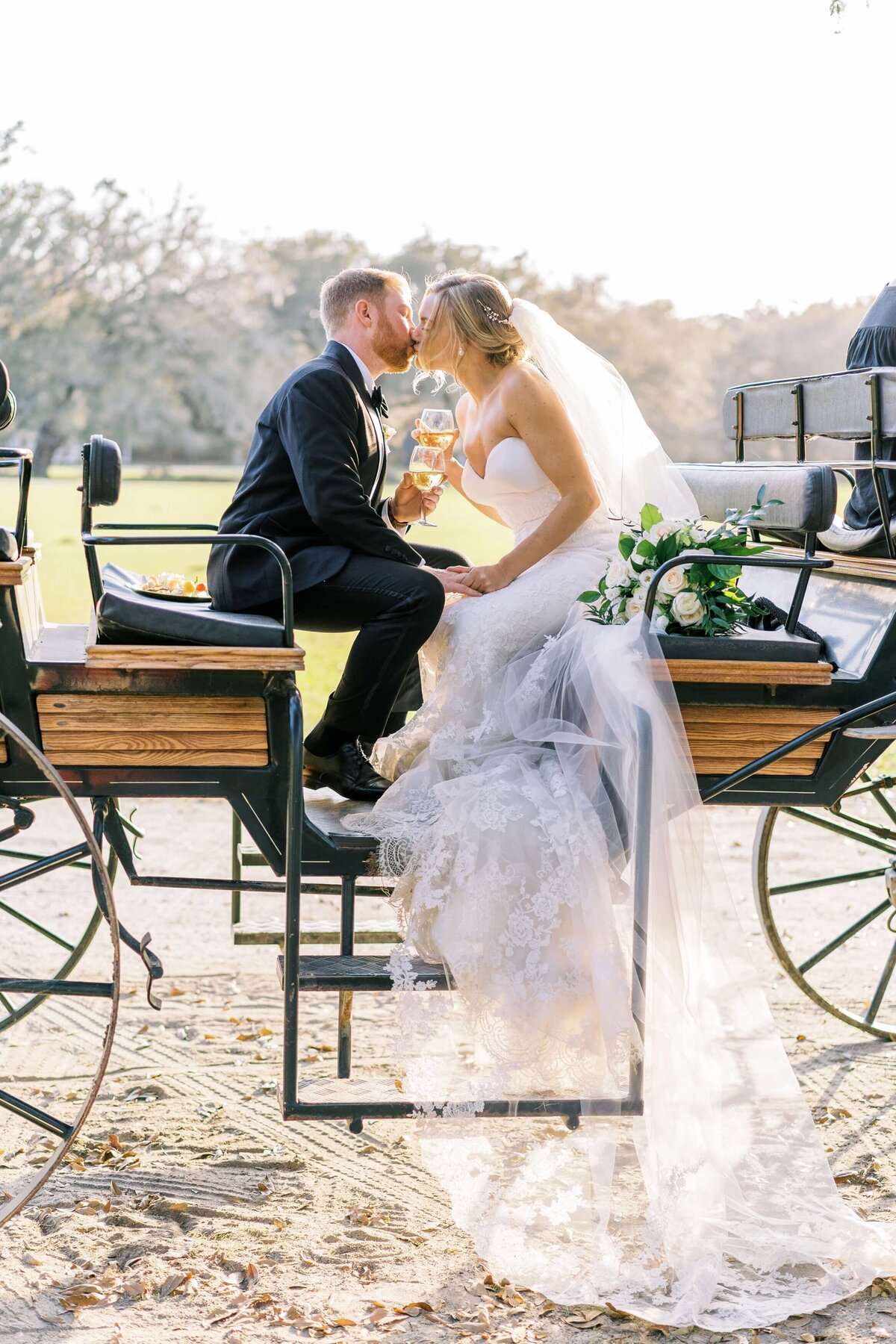 bride and groom kissing on a horse drawn carriage