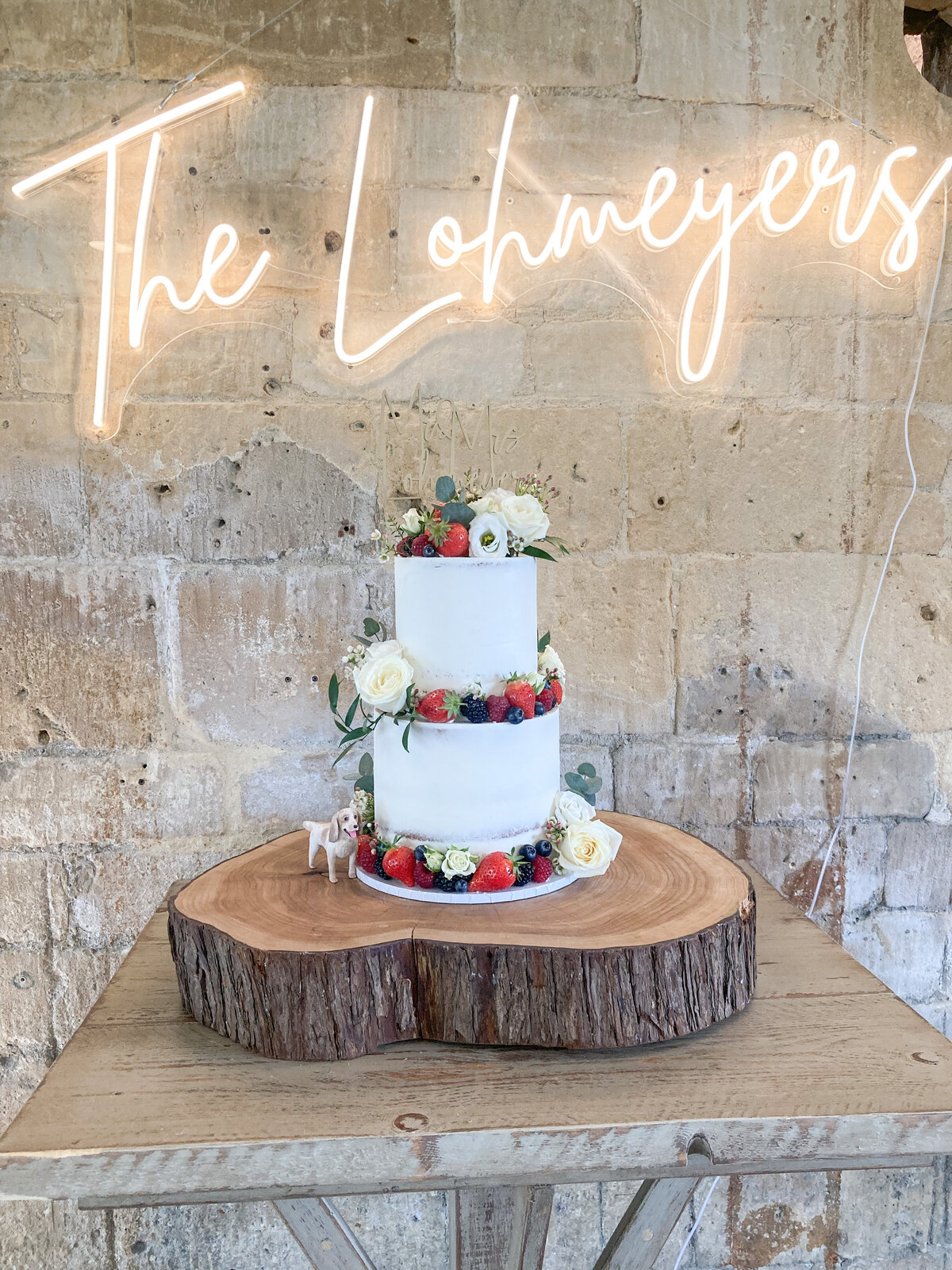 Semi-naked wedding cake with berries and dog