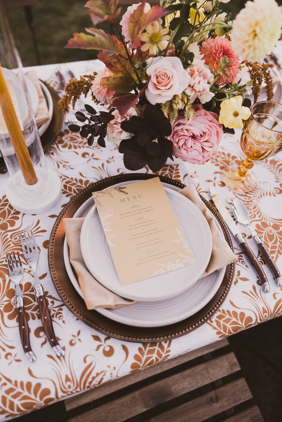Yellow and bronze and wood silverware wedding tablescape