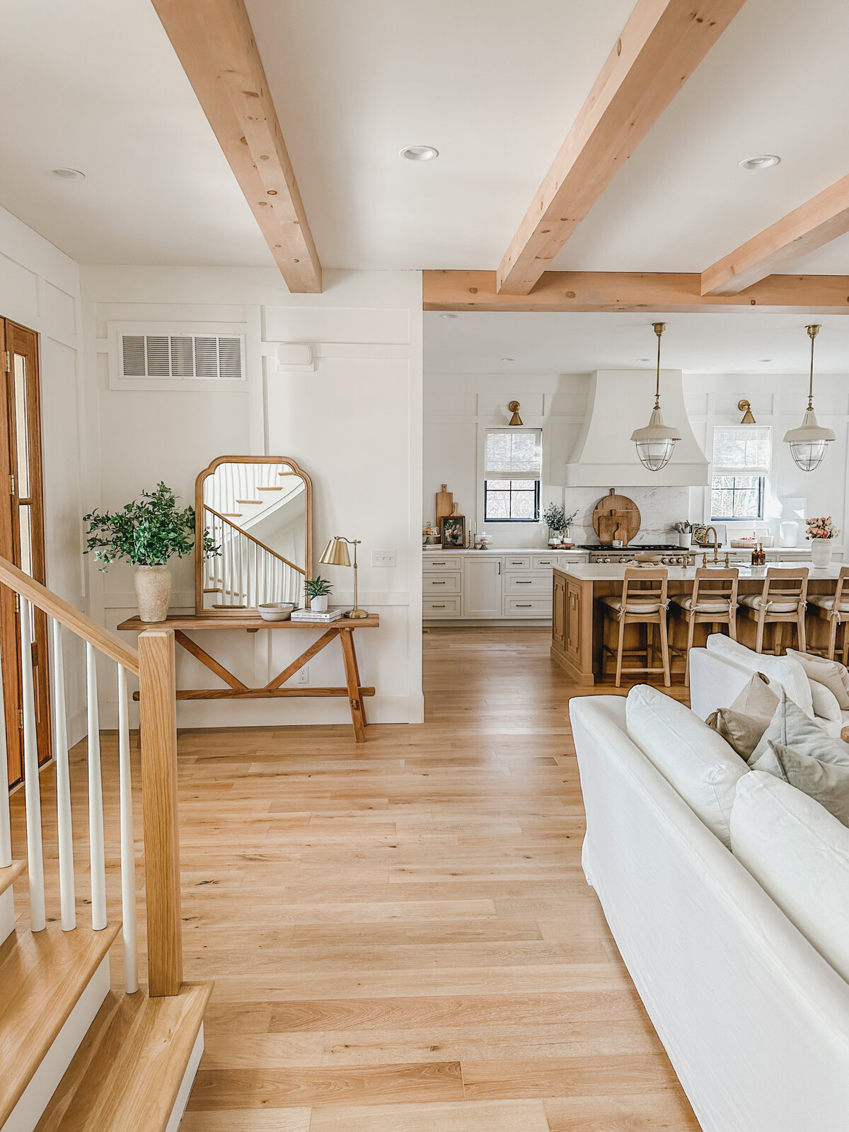 The French Oak engineered floors are carried throughout the first and second stories of the home