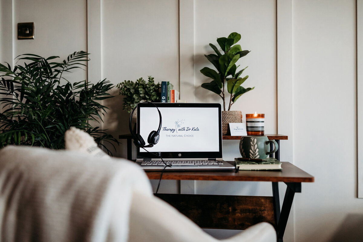 Laptop screen showing online EMDR therapy session with cozy room setup