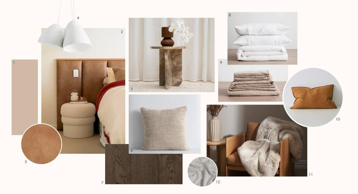 A tan and beige guest bedroom design, layered with texture and soft accents.