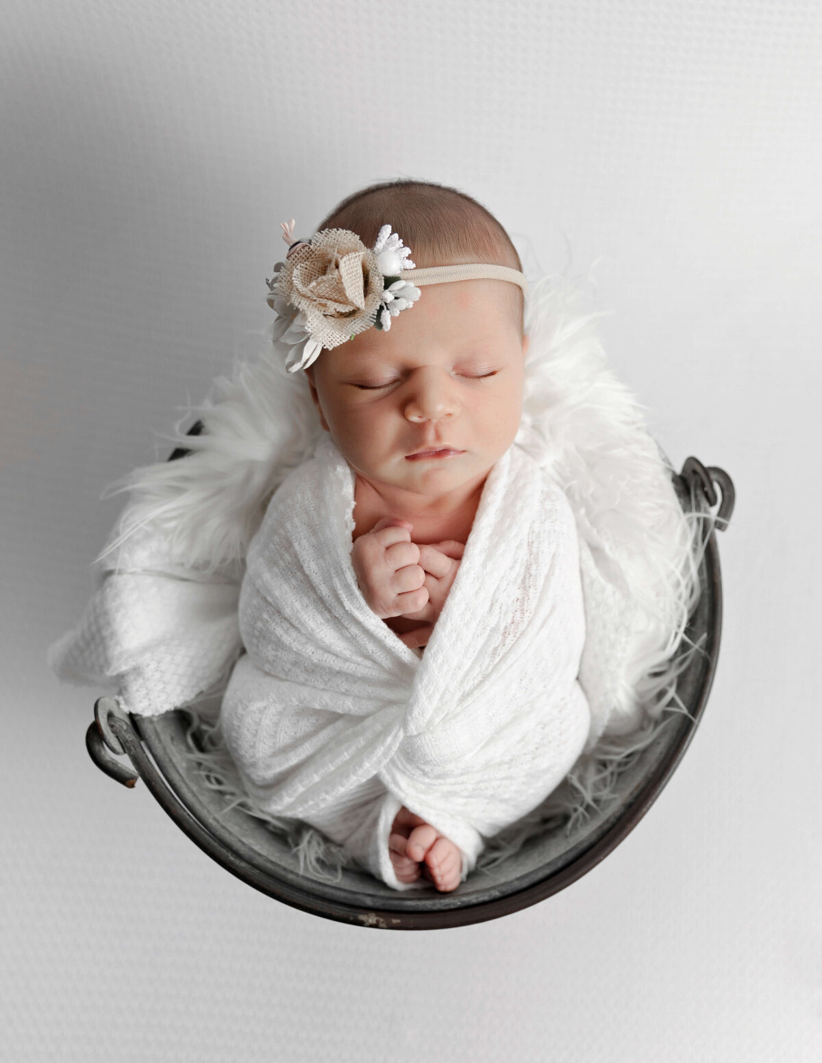 Newborn portrait of a baby girl in a bucket in an Erie Pa photography studio