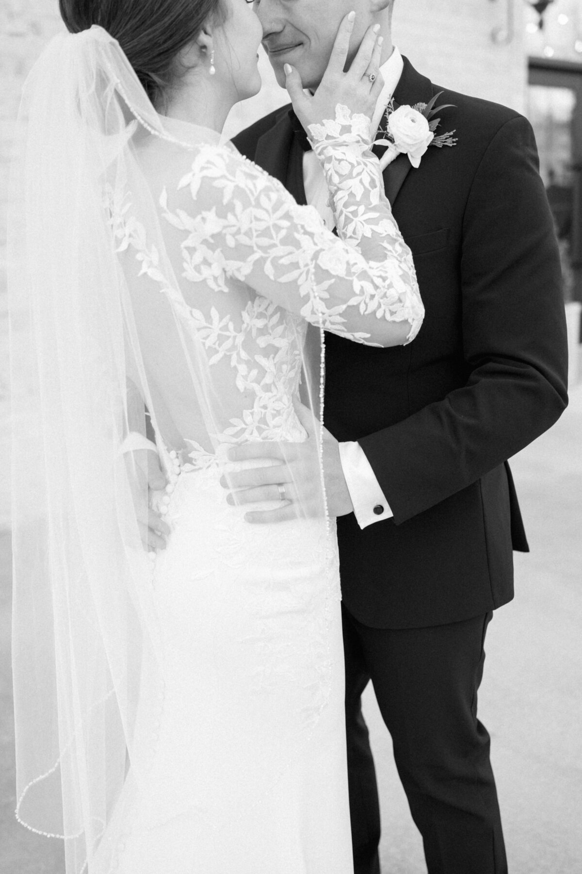 lace long sleeve gown captured in black and white