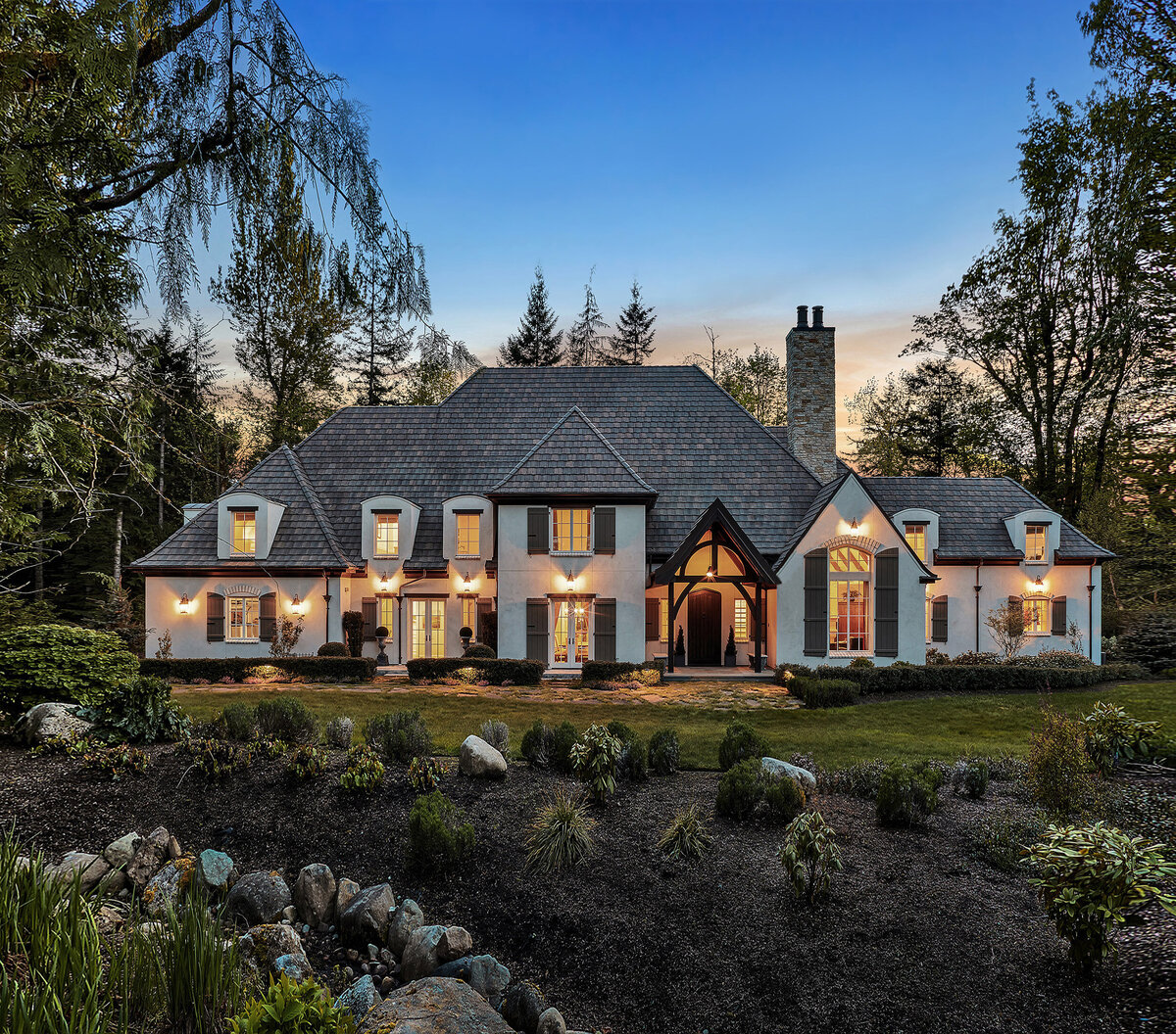 Issaquah Highland Home, French Chateu Inspired home photographed at dusk, high end exclusive property real estate photography.