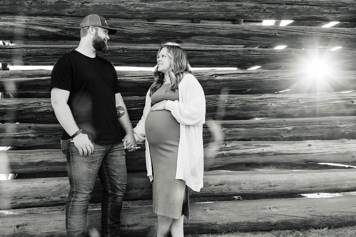 creative black and white maternity shoot at old barn spokane, wa