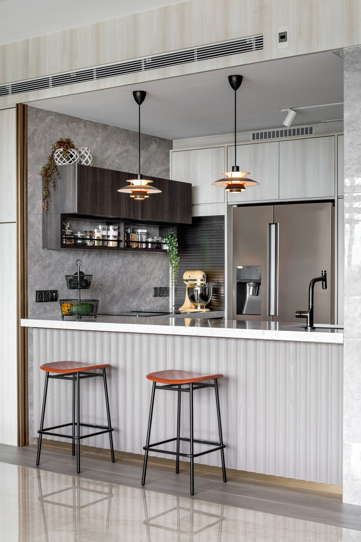 kitchen island with lights and stools