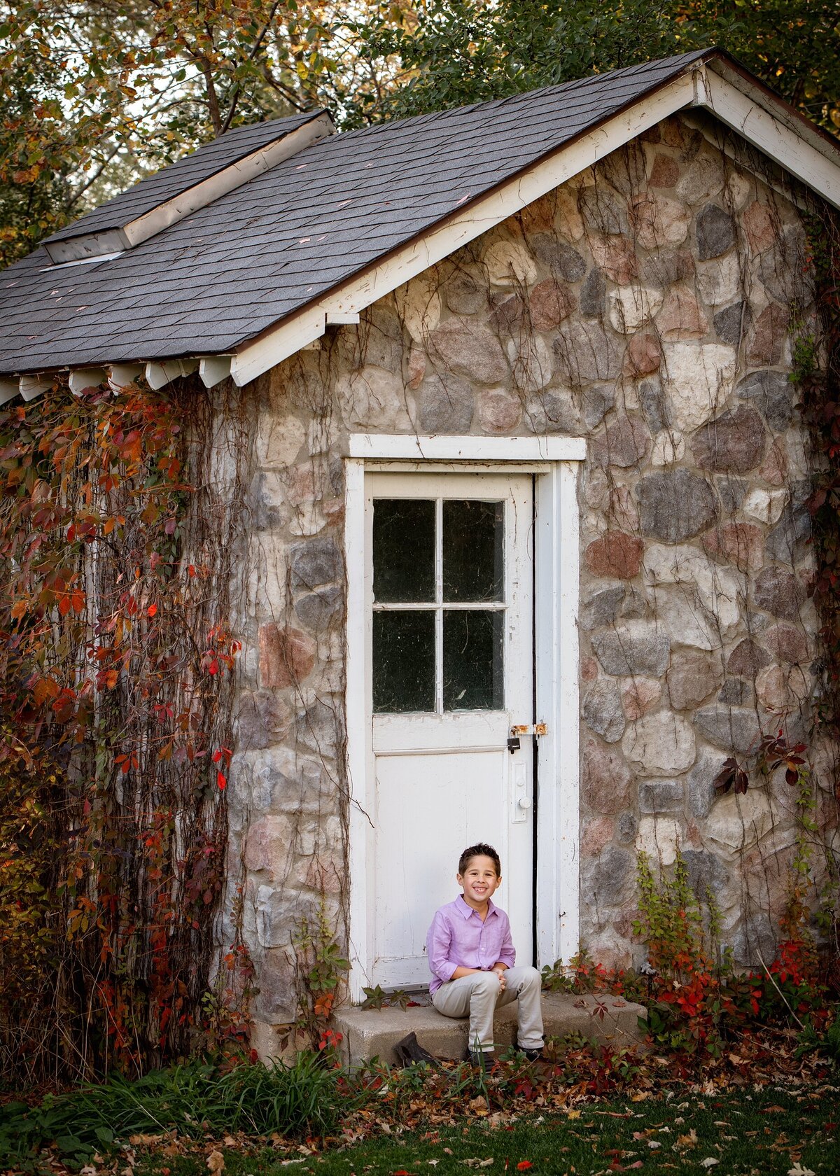 Family Kid by Door Old Farmhouse