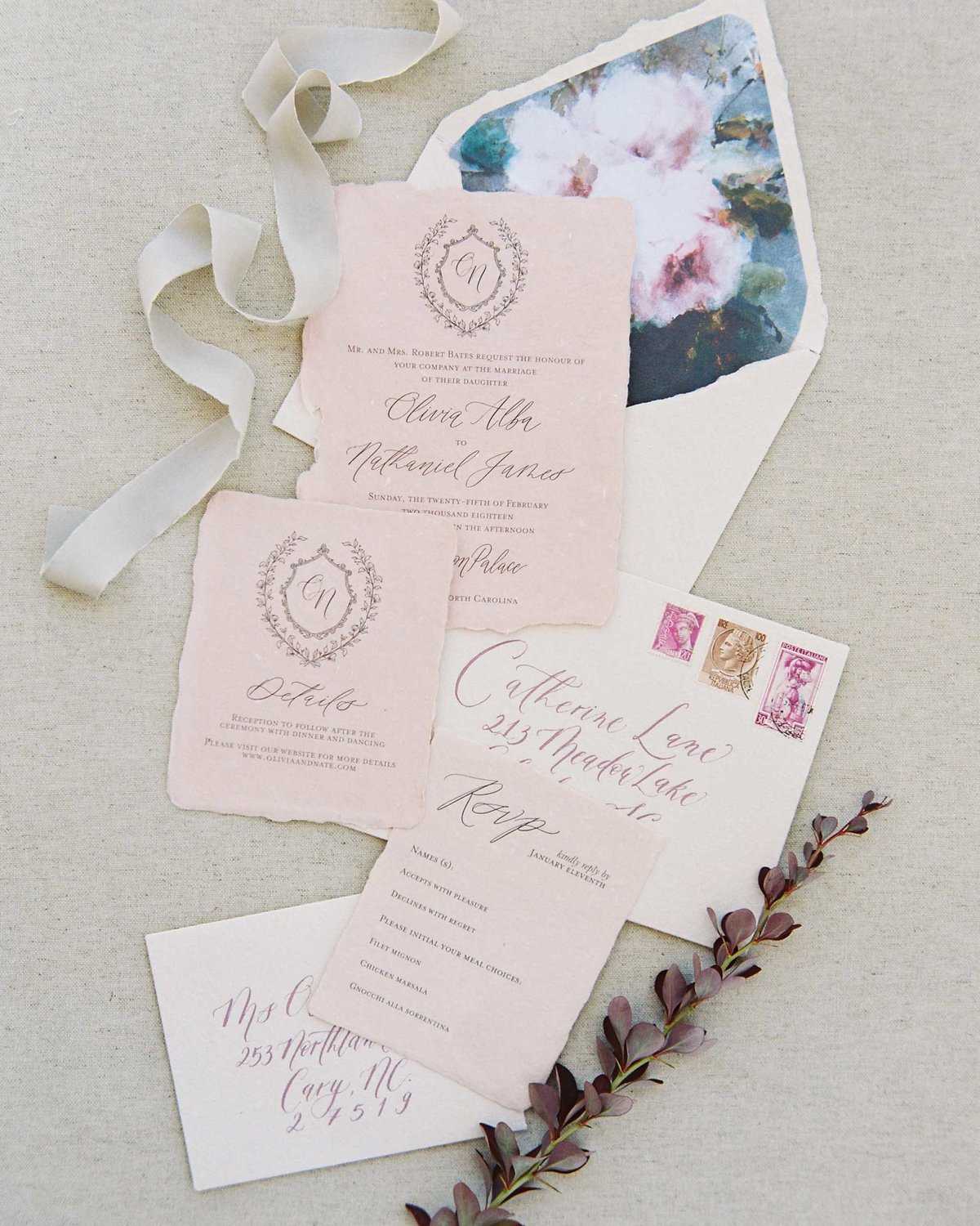 Plume & Fete timeless romantic invitation suite on blush handmade paper
