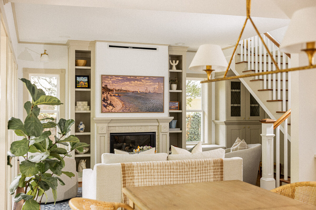 Living room interior with warm tones designed by Hope Miriam Designs in DFW
